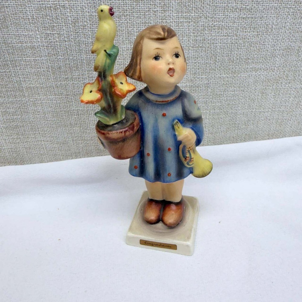 Vintage Goebel Hummel Figurine Girl with Flowers Bird Horn W. Germany 17/0